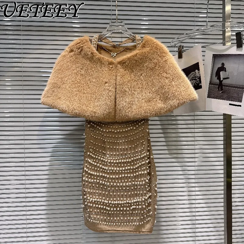 خريف شتاء جديد متعدد الاستخدامات أنيق موضة كاكي قطيفة شال الرأس + التخسيس اللؤلؤ Bodycon حزام فستان قصير مجموعة الحفلات