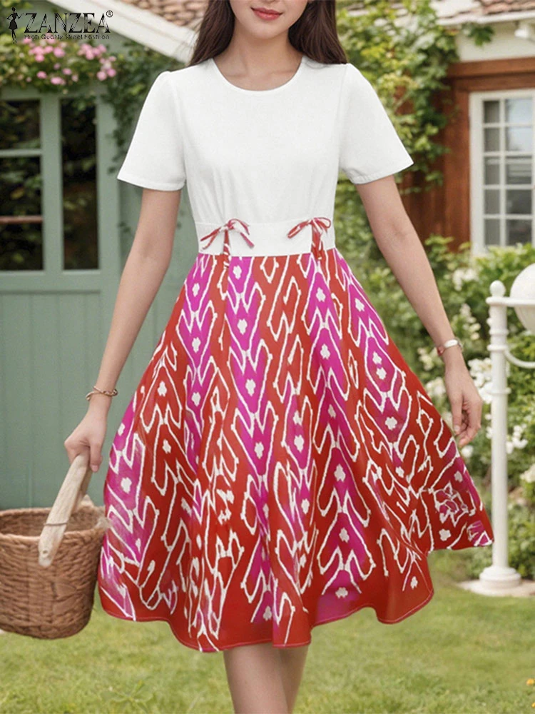2025 zanzea moda verão vestido de verão feminino elegante festa trabalho vestido retalhos midi vestidos o pescoço manga curta vestidos impressos