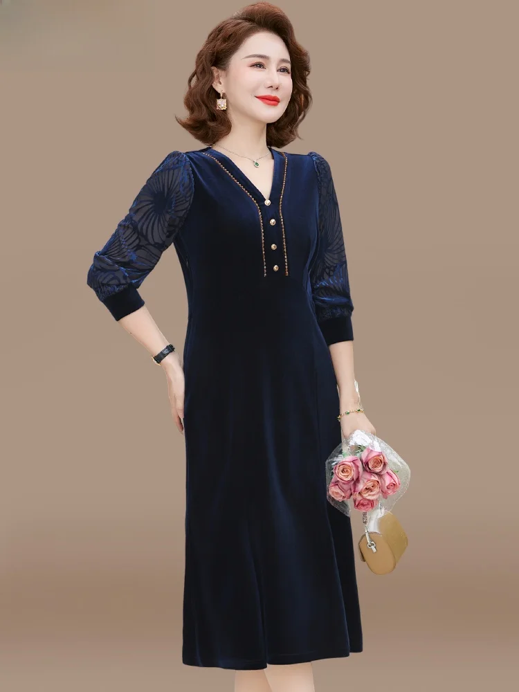 

Faionable Velvet Long Dr Spring Collection for Middle-Aged Mothers Ele Simple Sle Polyester Fiber round Neline