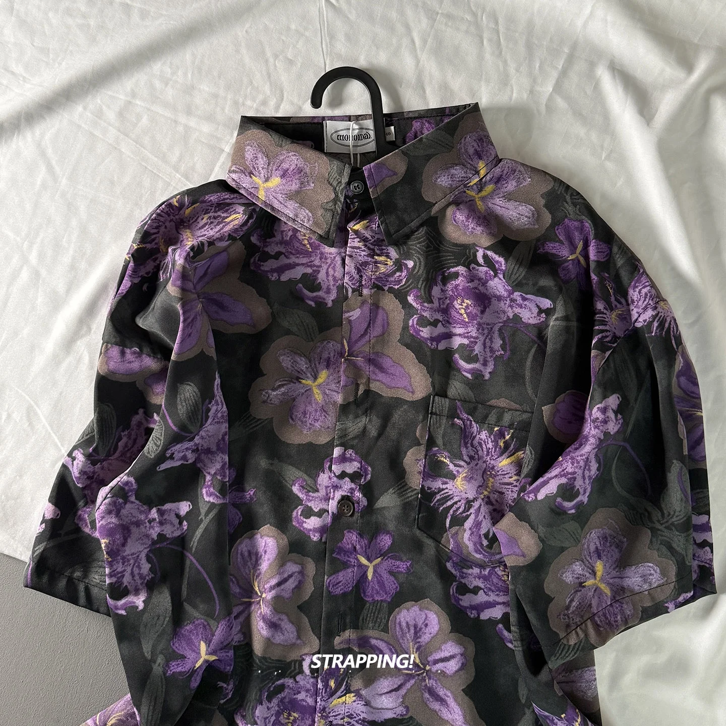 Strap Floral Print Short Sleeve Shirt Unisex Summer Hawaiian Retro Style Polyester Lightweight Casual Loose Fit Shirt