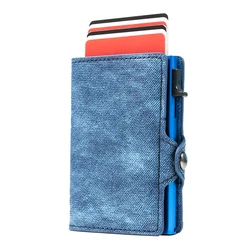 CASEKEY Slim Minimalist Denim Leather Pop Up Credit Card Wallet Rfid Money Bag Aluminum Metal Smart Card Holder for Men Women