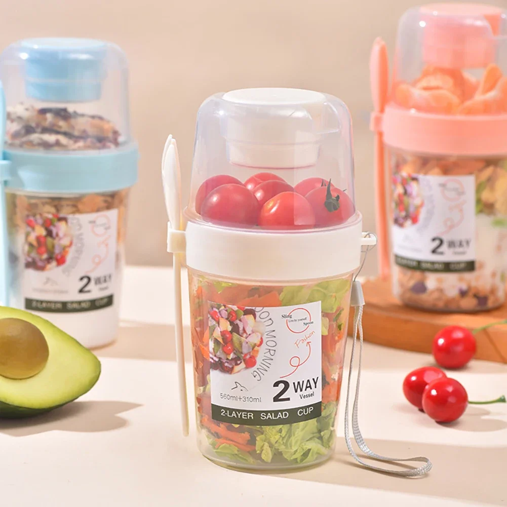 Desayuno avena cereales nuez yogur ensalada taza sello contenedor conjunto con tenedor salsa taza tapa Bento Tupper comida tazón cónico fiambrera