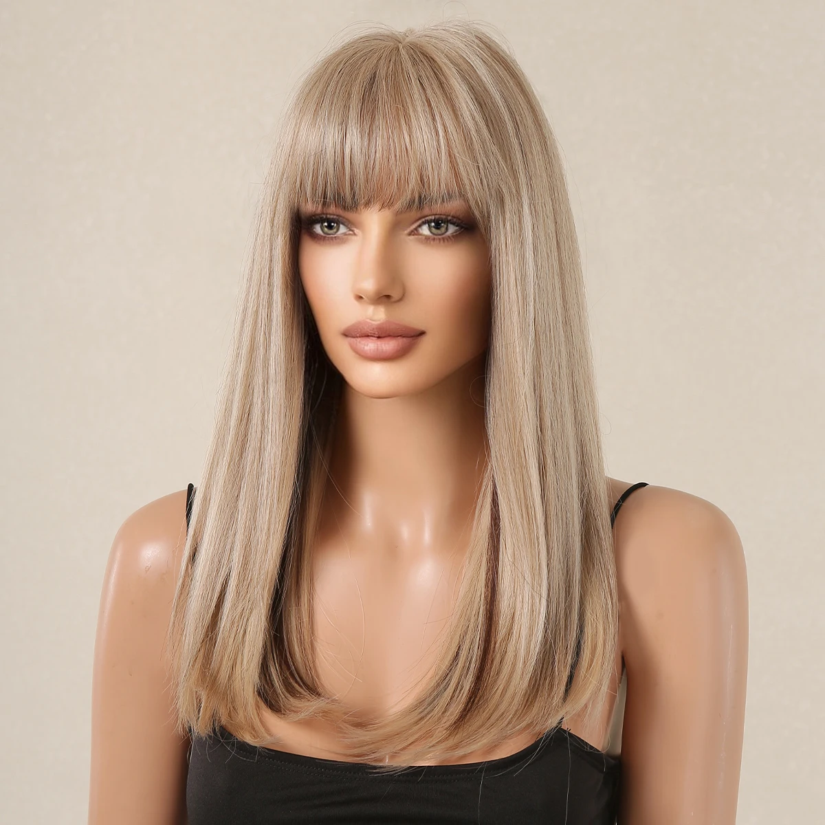 LOUIS FERRE Ash Blonde Natural Synthetic Wigs Medium Straight Hair Wig With Bangs For Women Daily Party Use Heat Resistant Fiber