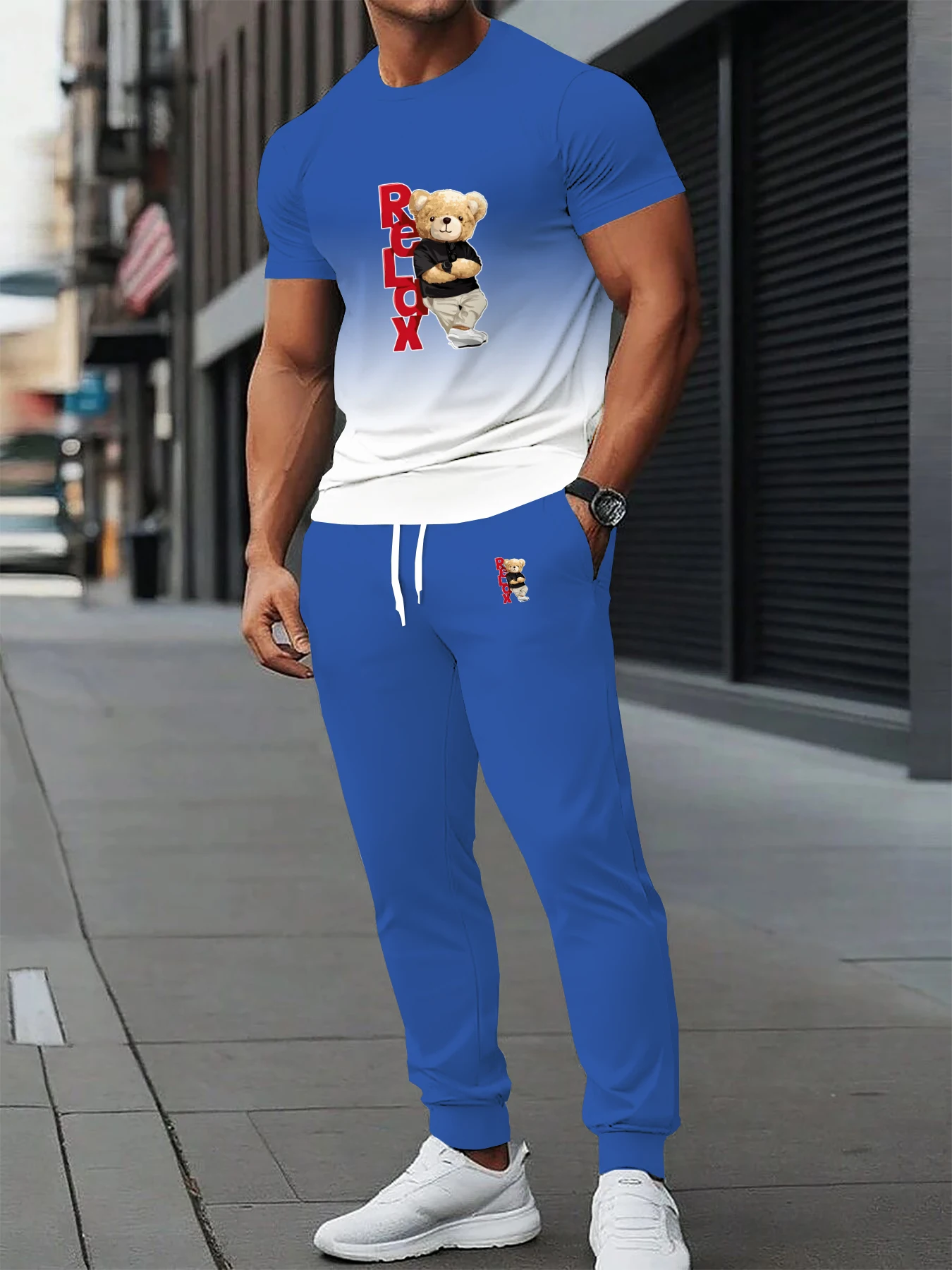 

Men's casual short sleeved T-shirt long pants set with round neck design slightly elastic fabric with pockets summer casual wear