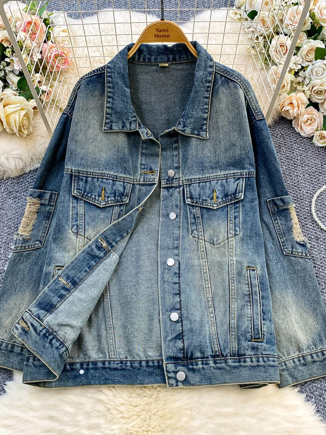 

Retro American Waed Denim Jaet Women's Loose Fit Autumn Design Torn ket Slimming Top Button up Long Sve Jeans Jaet