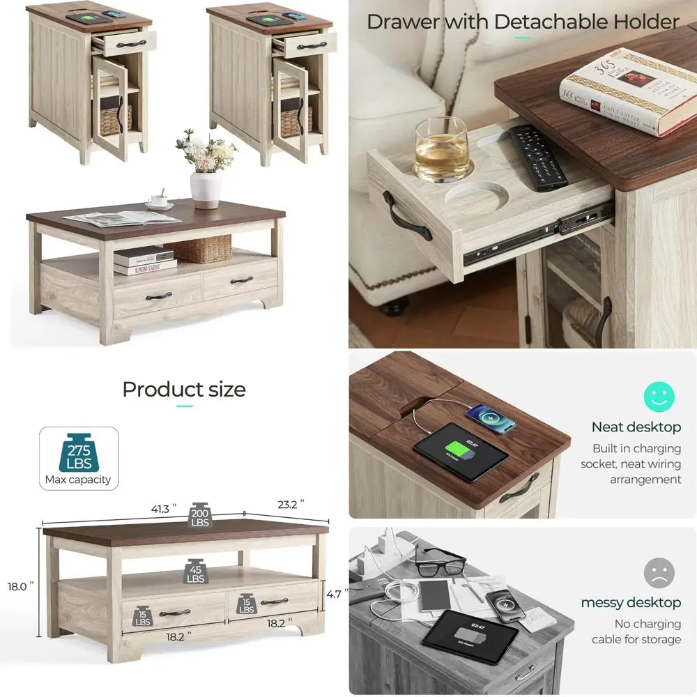 Conjunto de mesa de centro de fazenda de 3 peças LINSY HOME: 41 mesas de centro e 2 mesas finais com acabamento em madeira lavada