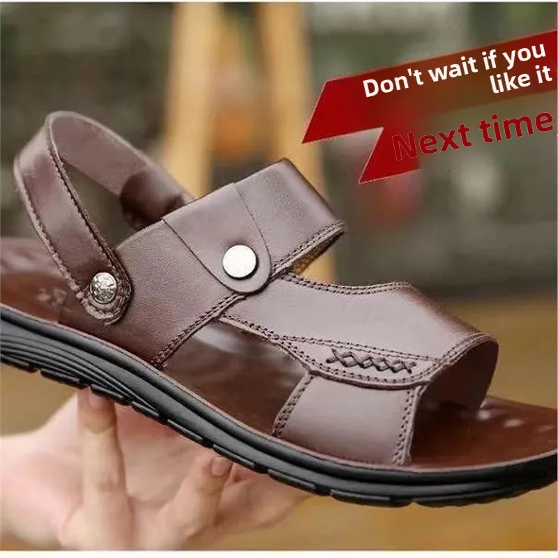 

Men's Sandals 2023 New Soft Leather Casual Beach oes Anti-slip Wear-resistant Summer Dad Dual-purpose Slip-On Slippers