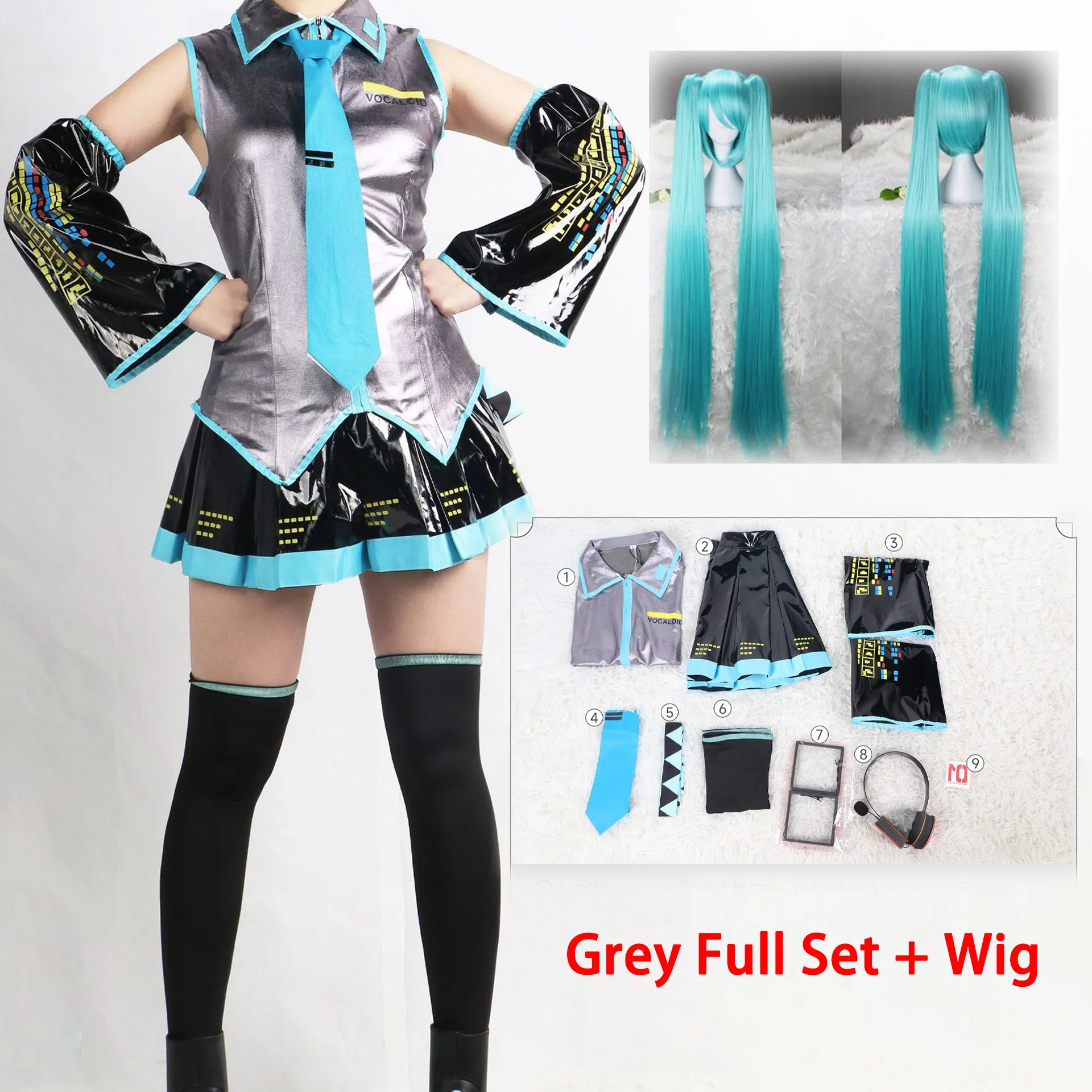 Miku Cosplay Costume Full Set Silver Leather Fabric Suit Miku Cosplay Headwear Costume Outfit JK Sailor Dress School Uniform - Image 2