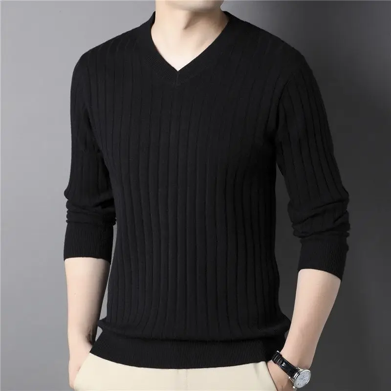 Outono inverno moda com decote em v manga longa pullovers roupas masculinas fio sólido tricô casual all-match simplicidade coreano topos