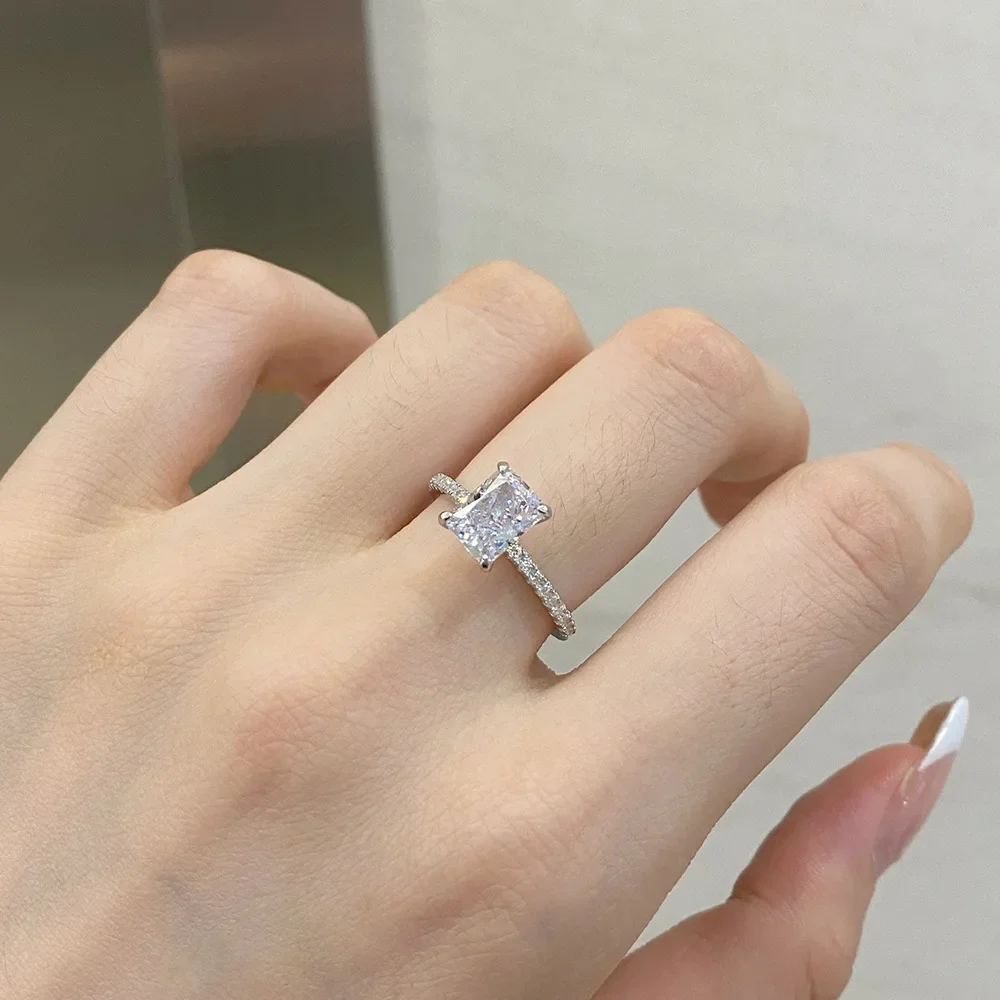 S925 Sterling Silver Ring Small and Luxury 8A Ice Flower Zirconia Rectangular High Carbon Diamond Ring Wedding Jewelry Wholesale