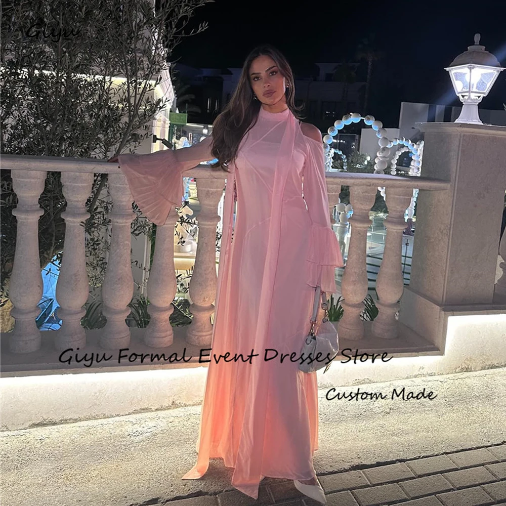 

Giyu Pink Silk Chiffon Evening Dresses Saudi Arabic Women High Neck Long Sleeves Dubai Simple Prom Gowns Formal Occasion Party