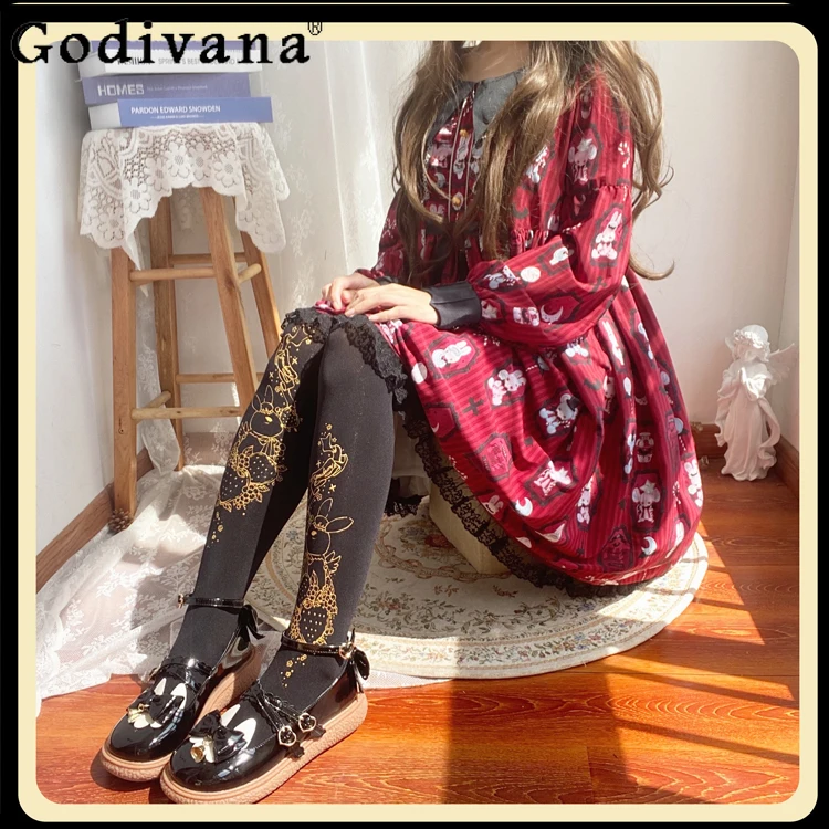 

Original Japanese Lolita Print Tight Pantyhose Girly Sweet Cute JK Fashion Slim-Fit Casual Leggings Women Black Sexy Stockings