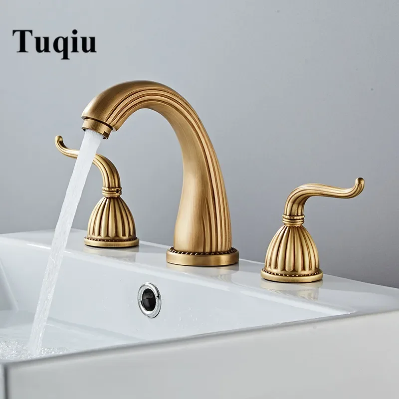 Basin Faucet Antique Bronze Bathroom Sink Faucets 3 Hole Widespread Basin Mixer Double Handle Hot And Cold Water Tap New Arrival