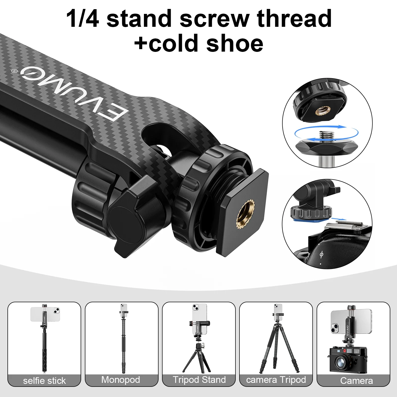 Phone Holder Mount Tripod Phone Bracket Microphone Stand Dual Cold Shoe Clip EVUMO PM11 Cellphone Clamp for 1/4'' Screw Tripod