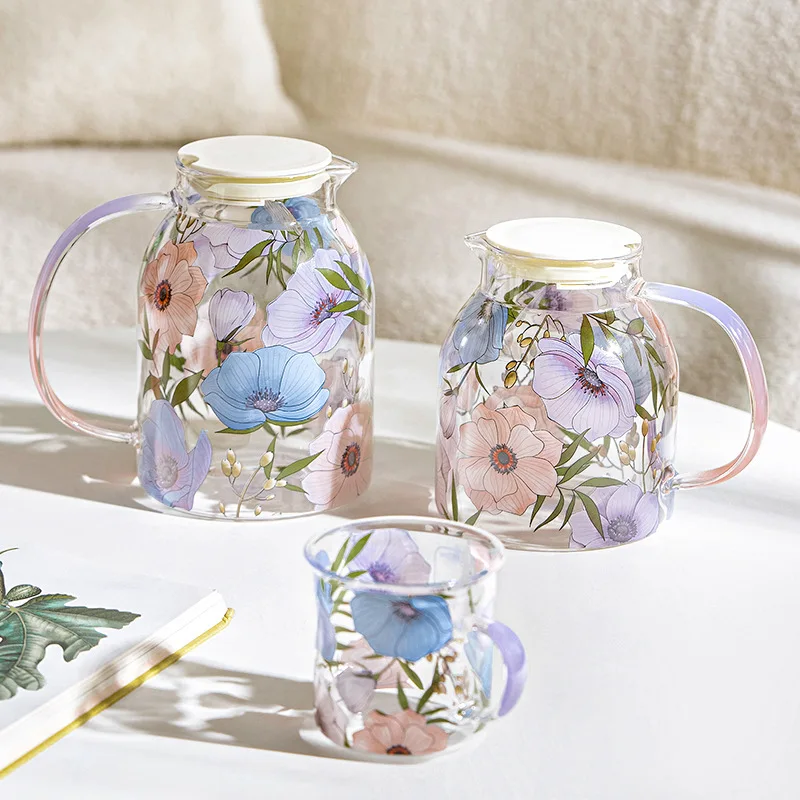 

Floral borosilicate glass pot, coffee pot with handle, household cold kettle