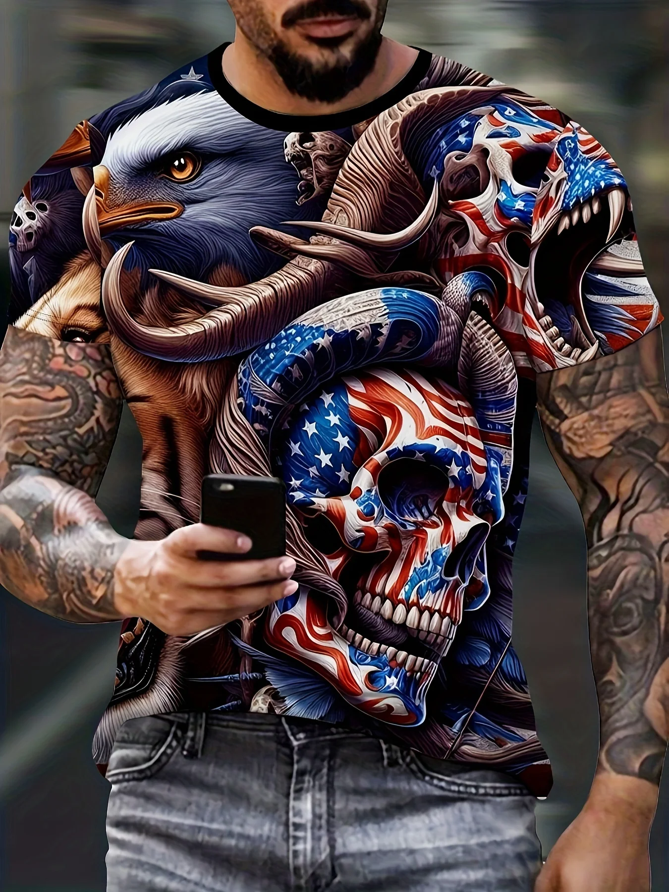 

Summer Large Size Round Neck T-Shirt Skull Multi-element Print Fashion Short-Sleeved Sports Quick-Drying T-Shirt