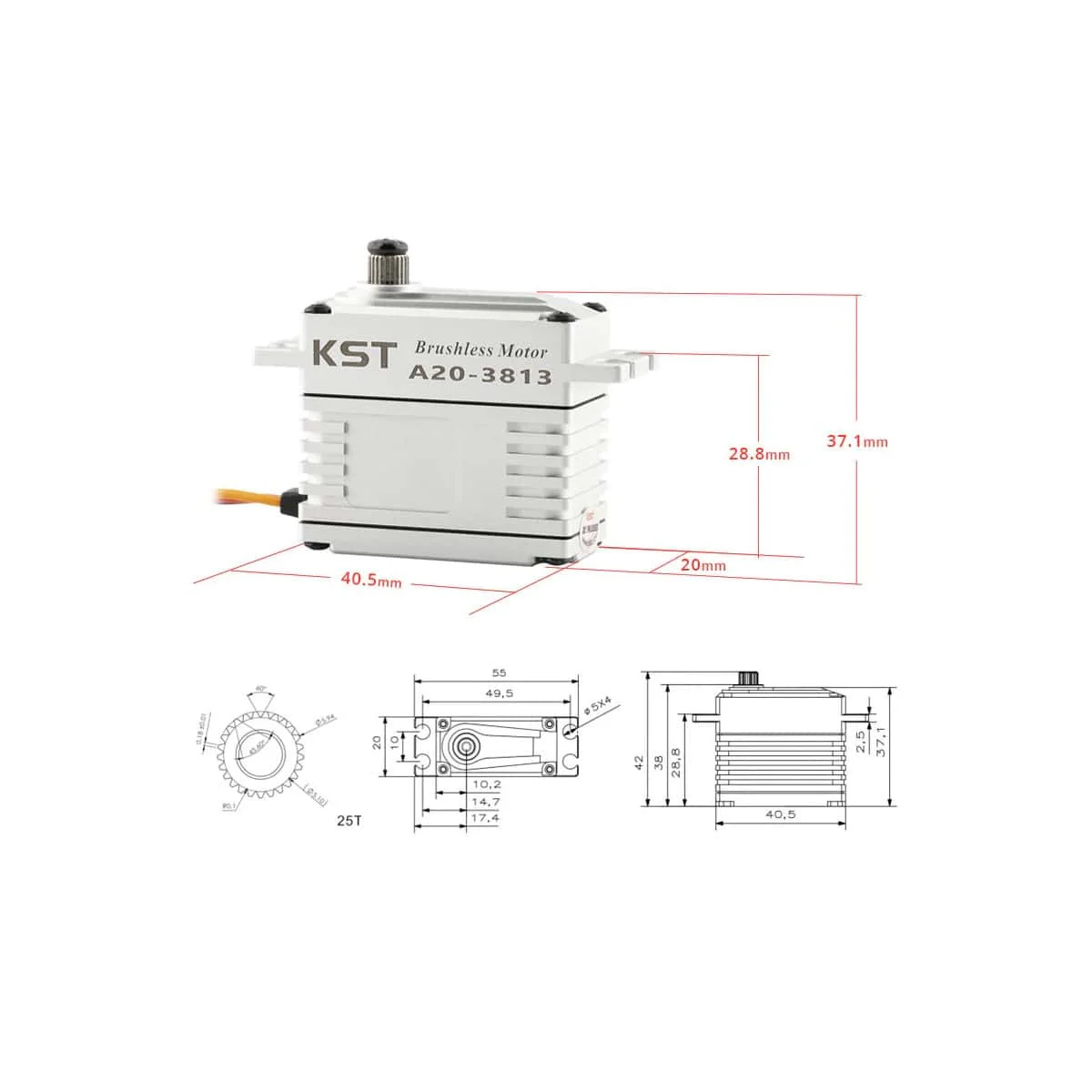 KST A20-3813 全金属ロボットアームサーボ 43KG DC 7.4V 200 °   アルミニウム合金高トルク中空カップモーターサーボ