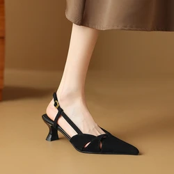 NEW Summer Women Sandals Sheep Suede Leather Shoes for Women Pointed Toe Kitten Heel Shoes Black Cover Toe Slingback Sandals