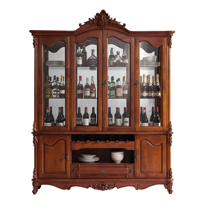 

American solid wood four door wine cabinet, household wall European high end light luxury glass door
