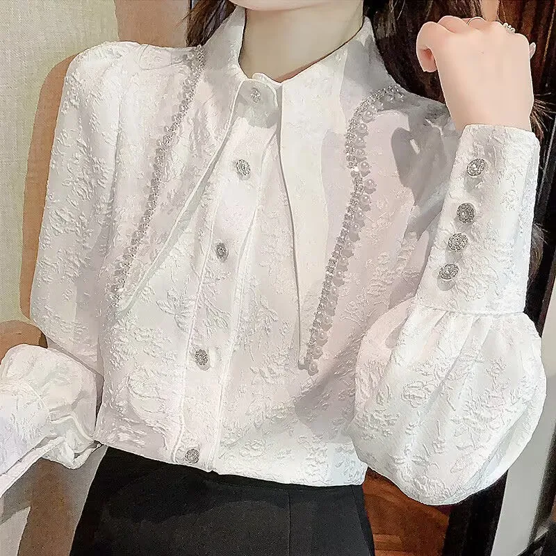 

Spring Women Clothing Beads Doll Pointed Collar Shirt Vintage Blouse Women Longsleeve Dress Shirt Office Lady Chic Shirt