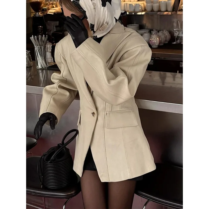 Elegant Women Solid One Button Jacket Fashion Lapel Loose Full Sleeves High Waisted Coat Autumn Chic Lady Street Commute Outwear