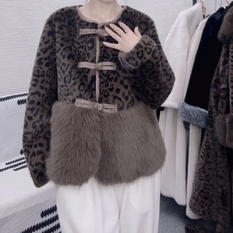 Women's Clothing Autumn Winter New Fashion Leopard Print Faux Fur Coat Short  Coats for Women Patchwork Jacket Single-breasted