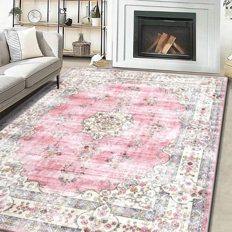 Soft Pink Vintage Floral Flannel Rug Non Slip Washable Area Carpet Elegant Retro Floor Mat for Living Room Bedroom Home Decor