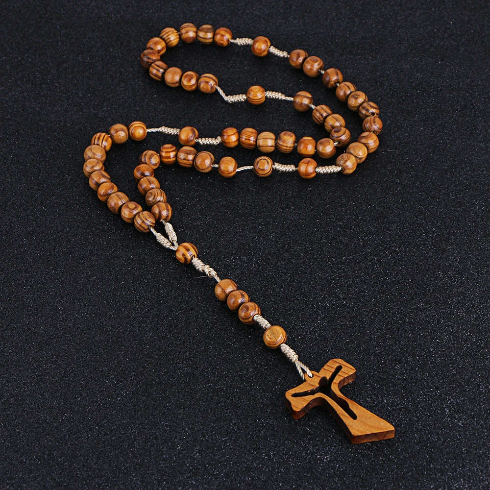 Hollow Cross Catholic Wood Beaded Rosary Necklaces Christian INRI Crucifix Cross Pendant Long Chain Men Religion Prayer Jewelry