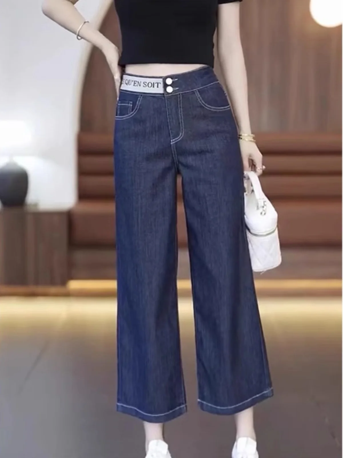 

High Waist Wide Leg Jeans Women's Summer Thin Loose Slimming Straight Cut Loose Pants Deep Blue Thin Denim Fabric Eighteen Pants