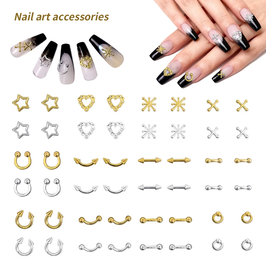 SANANIE 12 Grids 3D Alloy Multi-Style Sliver Gold Color Studs Nail Charms Simple Star Heart Rivets Manicure Art DIY Decorations 2