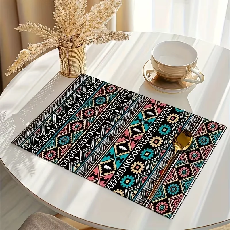 Boho Brown Aztec Geometric Placemats Reusable Beige Base Table Mats Tribal Retro Pattern Dining Pads Farmhouse Table Decor
