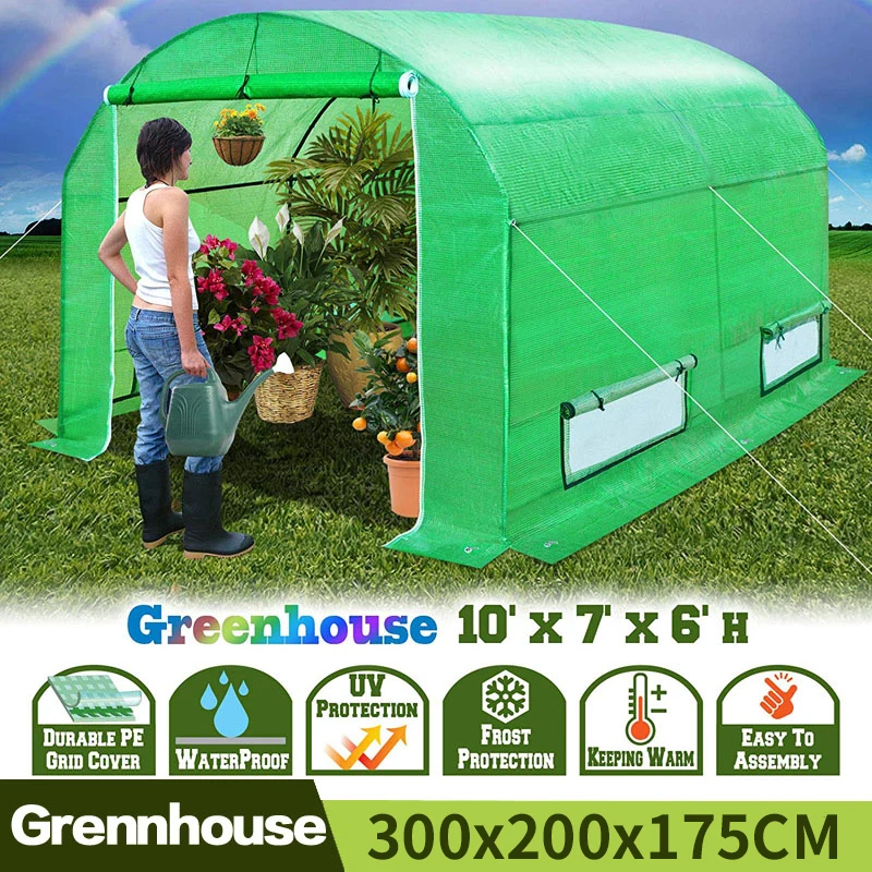 

300x200x175CM New Tunnel Greenhouse Larger Insulation Garden House Durable 2 Doors Large Bird Pest Control With Iron Stand