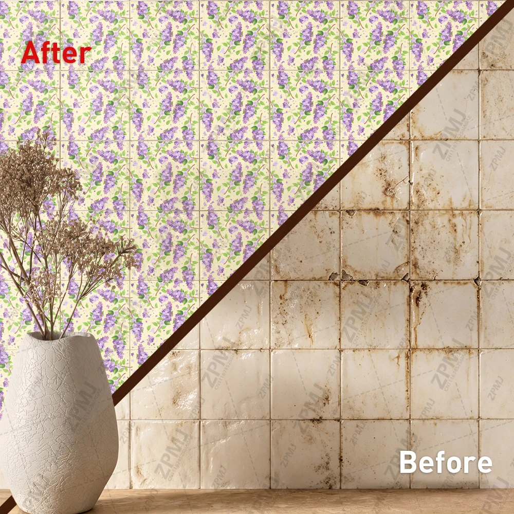 Purple Lilac Flower Seamless Wall Sticker, Fresh Green Leaf Self Adhesive Decal, Elegant Floral Pattern for Room Interior Decor