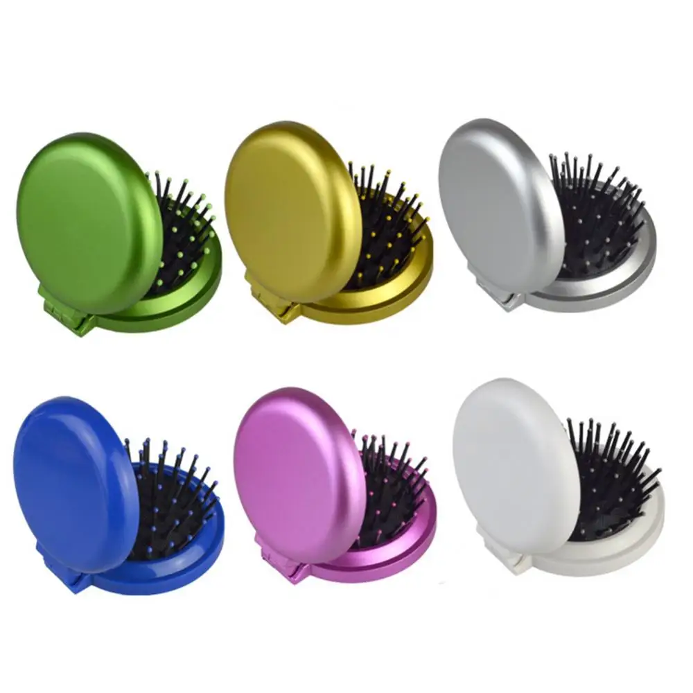 Girls Portable Mini Folding Airbag Comb Massage Round Travel Mirror Hair Brush Hair Brush With Mirror Cute Oval Shape Party Gift