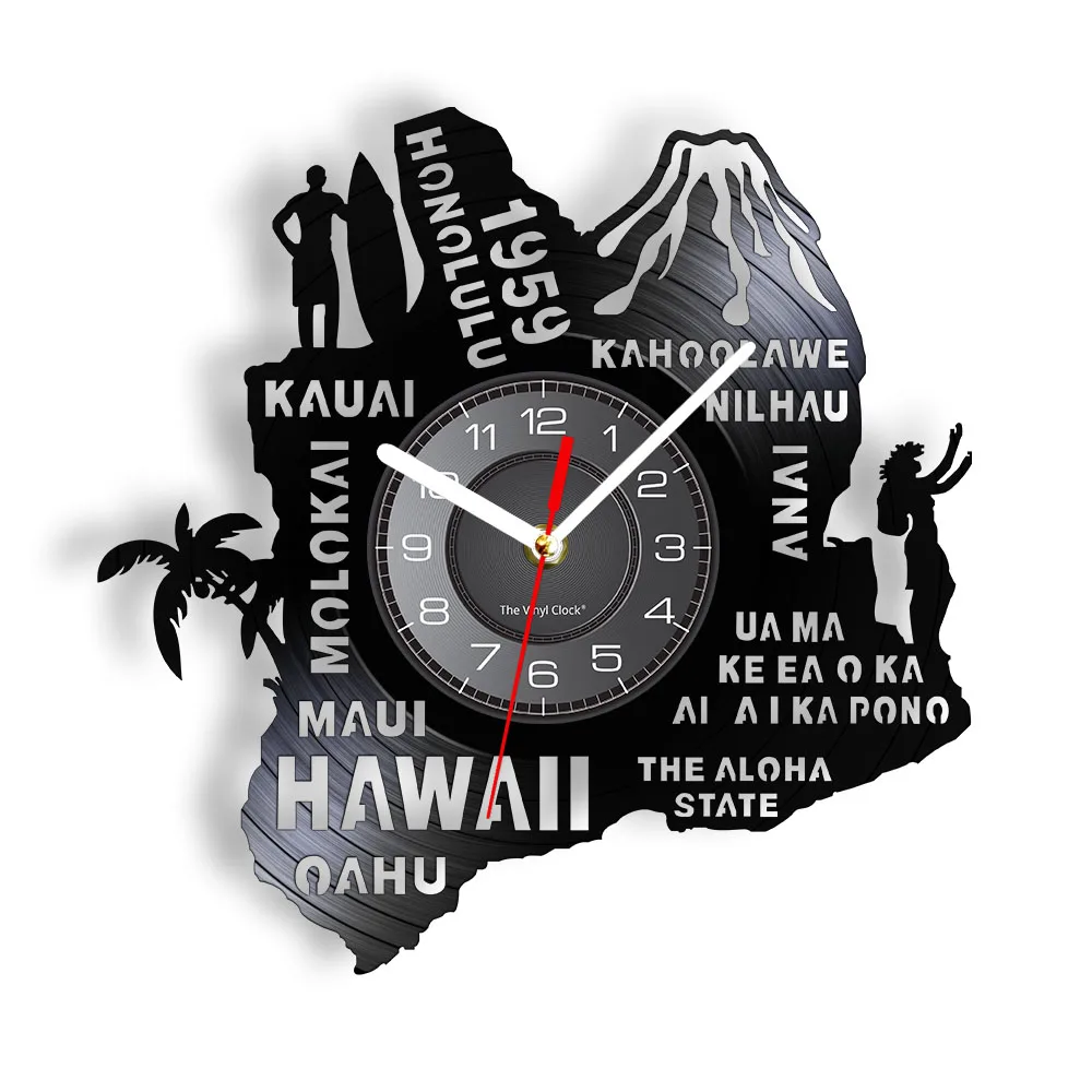 The Aloha State Hawaii Home State Wall Clock Palm Tree Surfing Hawaii Vintage Vinyl Record Wall Clock Honolululu USA Travel Gift