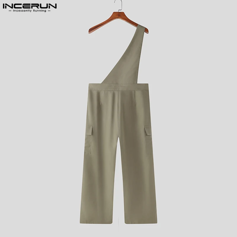 INCERUN 2024Korean Style Mens Jumpsuits One Shoulder Design Solid Jumpsuits Casual Stylish Personalized All-match Rompers S-5XL