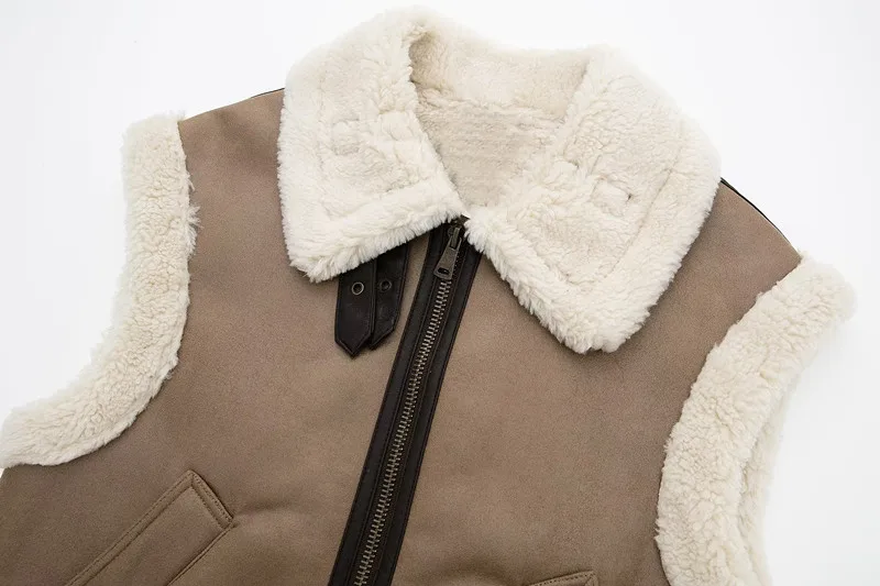 

Fall Women's Versatile Fce Patchwork Svel Vest Faionable Zipper Closure Color Pure Sle for Young Women