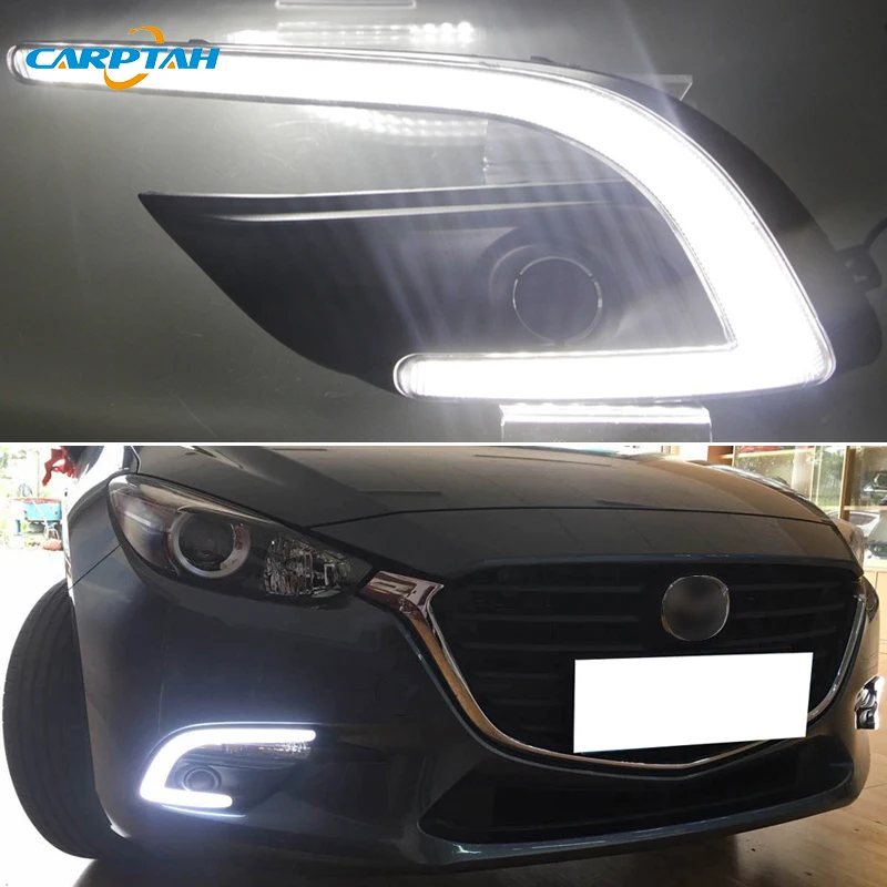 Car LED DRL 12V Daylights For Mazda 3 Mazda3 2017 2018 Yellow Turn Signal Daytime Running Headlamps Auto Driving Lamp Foglamps