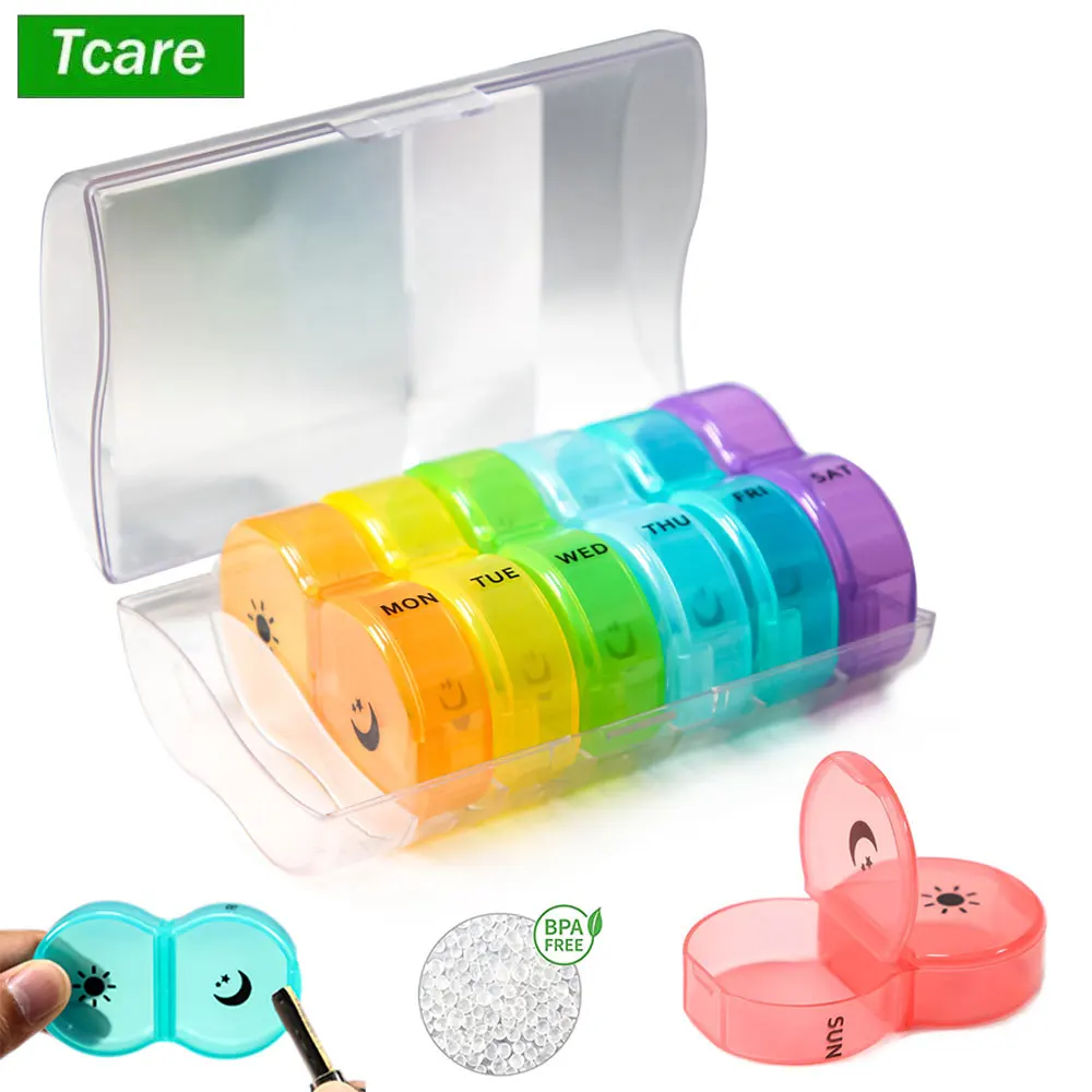 Portable Weekly 7 Days Pill Box Colorful Design Stackable 2 Times a Day Medicine Storage Dispenser/Plastic Pill Organizer Boxs