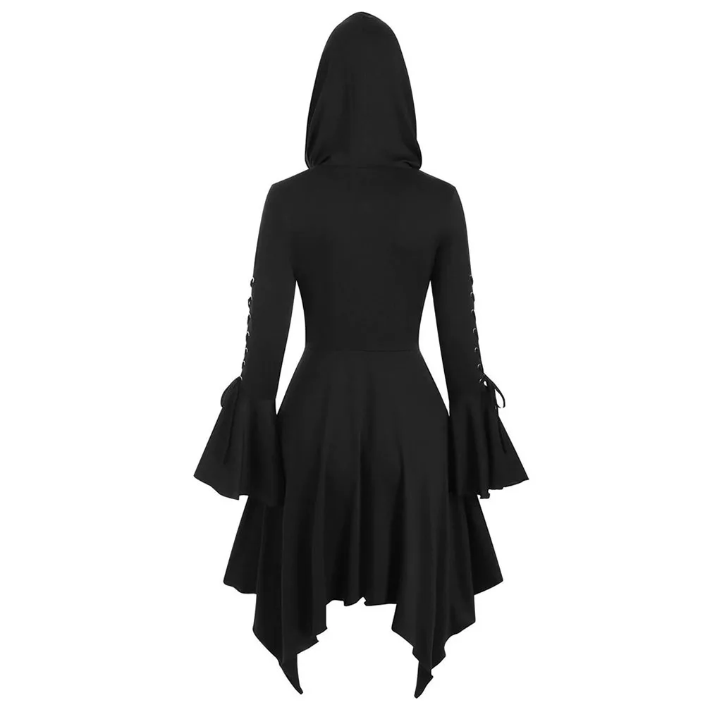 Halloween Theme Cosplay Cape Coat Medieval Party Dress Adult Vintage Lace Up Hooded Cloak Robe Halloween Witch Long Dress