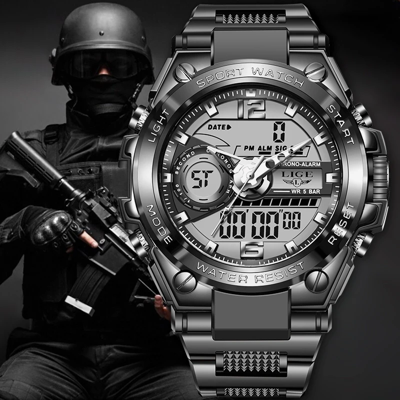 

LIGE лучший бренд мужские часы двойные цифровые военные повседневные спортивные мужские часы модные водонепроницаемые электронные светящиеся часы-календарь