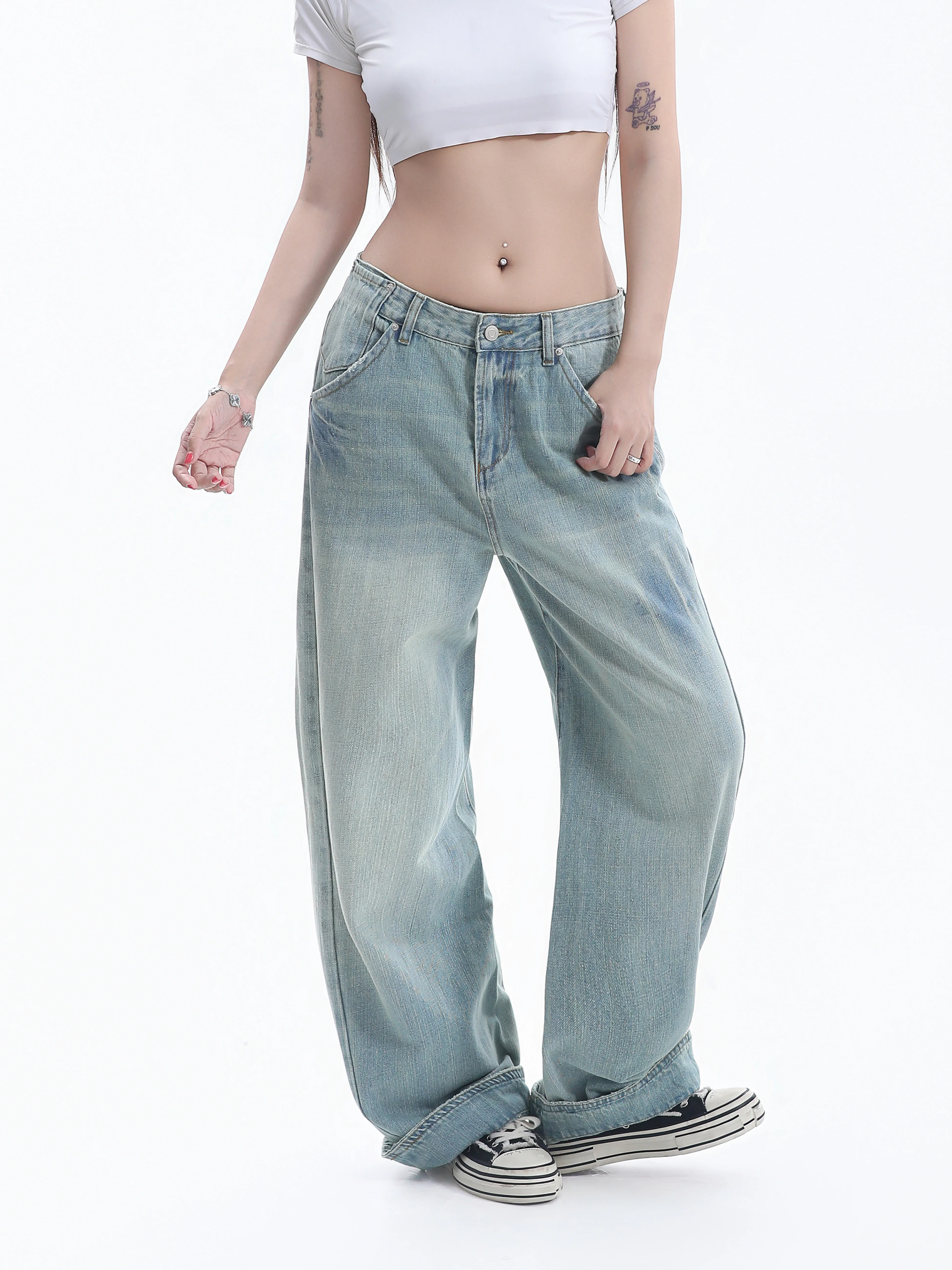 American Retro Wide Leg Denim Jeans Women Loose Drapey Floor Length Neutral Straight Leg Pants Cotton Natural Waist Button Cl...