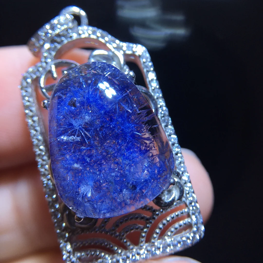 

Natural Blue Rutilated Dumortierite Quartz Pendant 16/12.5mm Clear Flower Necklace Gold Jewelry AAAAAAA