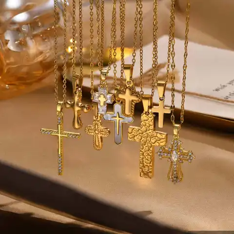 Vnox Christian Religion Necklaces For Women Men, Zircon Cross Pendant Charm Necklace, Classic Gold Plated Jewelry
