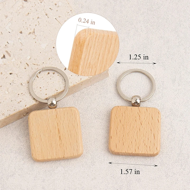 50Pcs DIY Blank Wooden Keychain Square Key Ring Wooden Key Ring