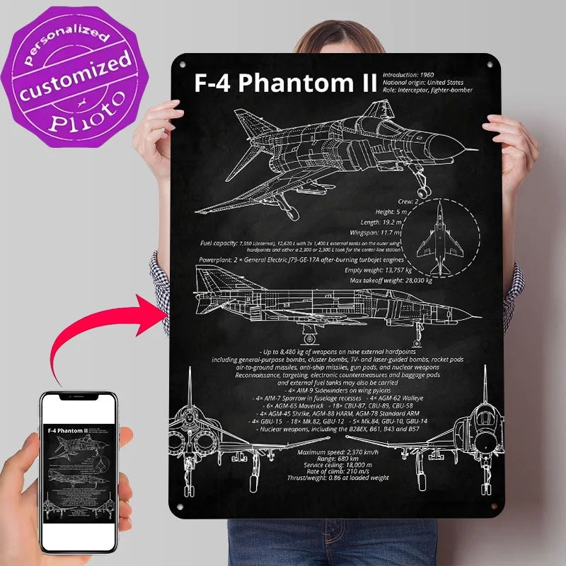 F4 Phantom II Fighter US Tinplate Poster Customized Wall Art Retro Vintage Metal Signs for Fans Decoration Garage Accessories