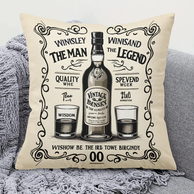 Double Sided Vintage Whiskey Bottle Illustration Decorative Throw Pillow Case Modern Retro Art Cushion Cover for Sofa Home