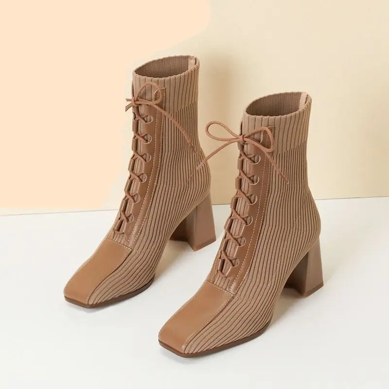 2022 Autumn and Winter New Fashion Stitching Knitted Elastic Stockings High Heels Women\'s Short Boots Square Toe