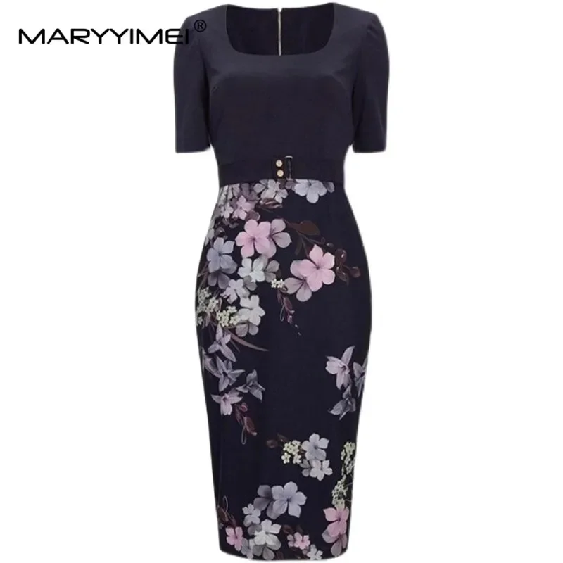 

MARYYIMEI Fashion Designer Summer Women's dress Square Collar Short sleeved Floral-Print Lace up Slim Commuter Pencil Dresses