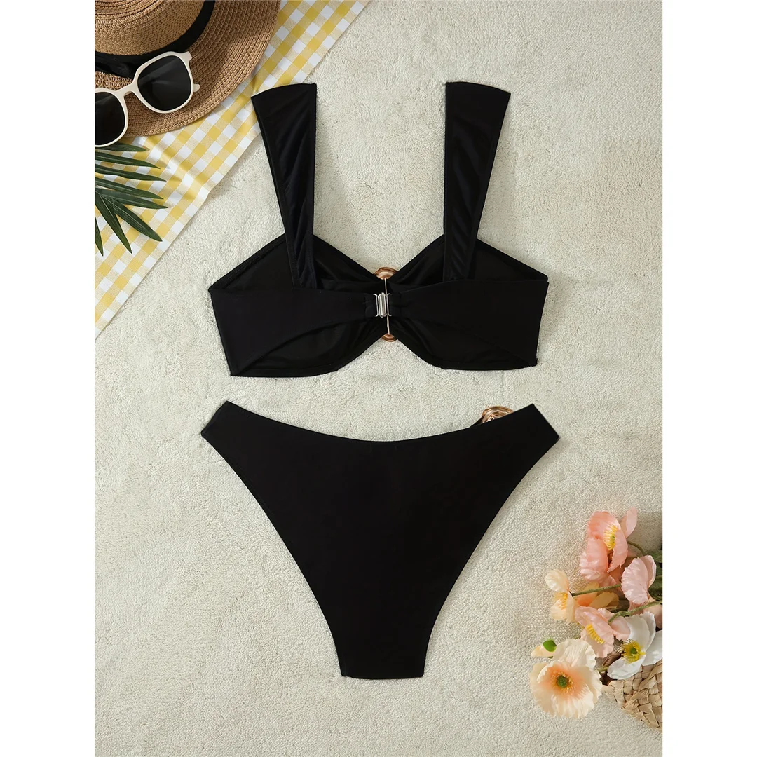 S - XL, Bikini mit Metallringen, hoher Beinausschnitt, zweiteiliger Damen-Bikini, Badeanzug, gepolsterter Badeanzug, Badebekleidung, Modell V7133. – Detail 4